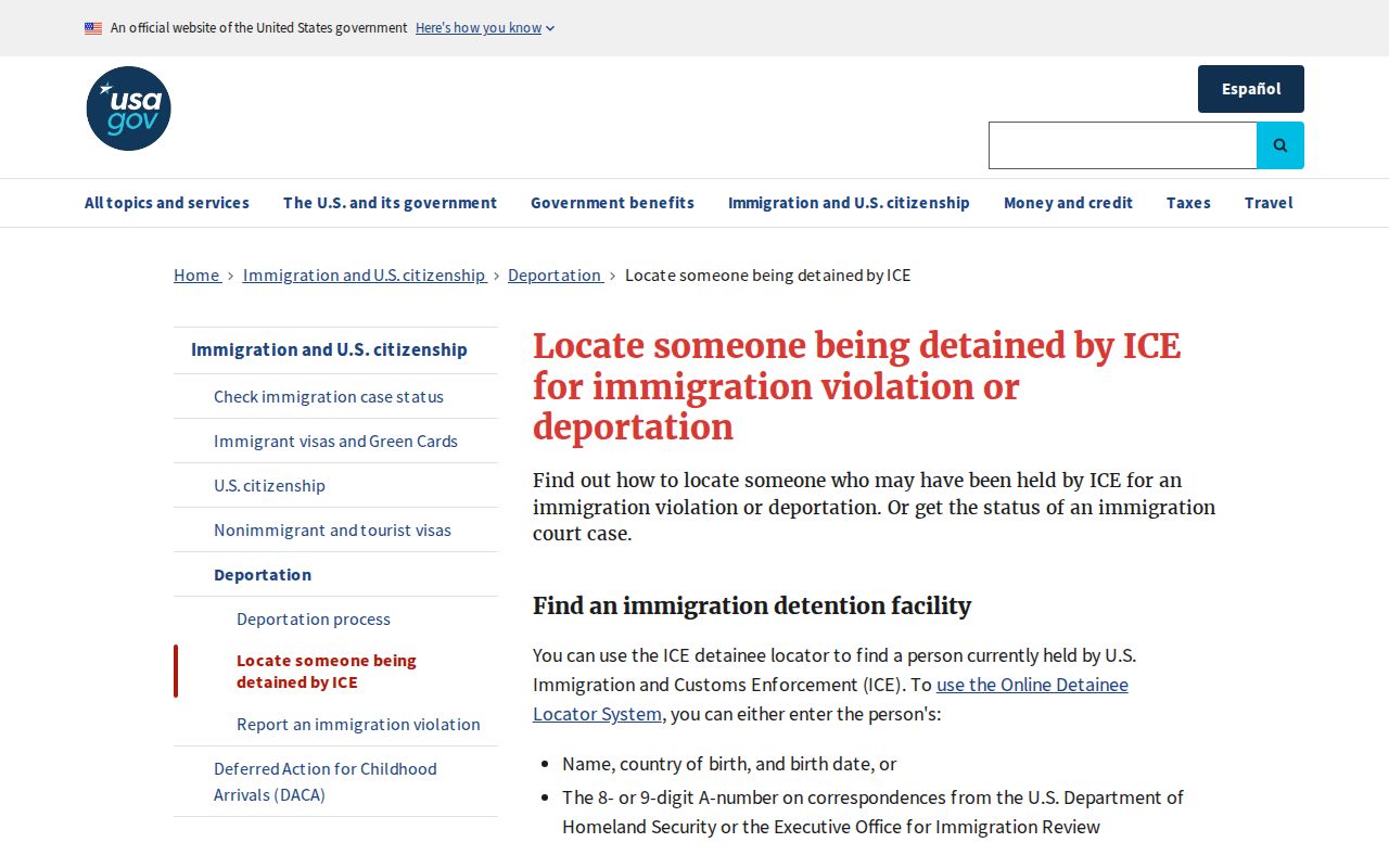 USA.gov ICE detainee locator guidance for Crisp County transfer release