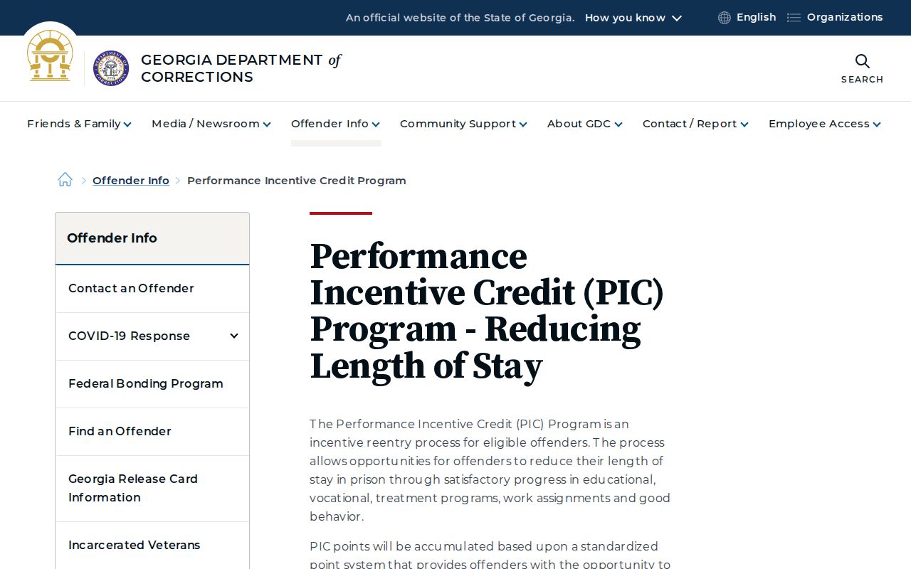 Crisp County inmate release date Performance Incentive Credit page